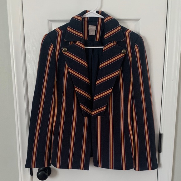 Chico’s Women’s’ Navy Blue Burgundy Peach & Gold Striped Blazer Sz. 0 U.S. 4 - Picture 1 of 9